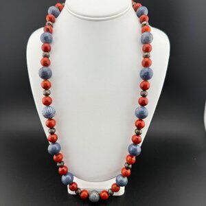 Red Coral & Blue Sponge Coral Beaded Necklace With Silver Toned Accents & Toggle